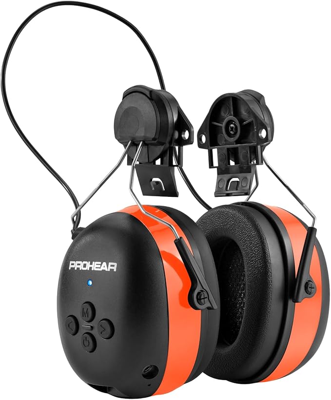 PROHEAR 037BR04 Bluetooth Hearing Protection with Adapter for 3M H-700 Hard Hats/DEWALT Hard Hat, 40H Playtime Safety Headphone for Construction Worker, Mowing - Orange
