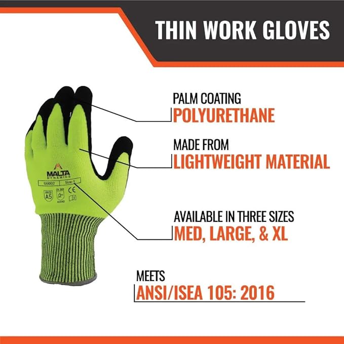 Malta Dynamics Safety Work Protective Gloves – Mens Work Gloves with Cut Level 5 Protection, OSHA and ANSI Compliant