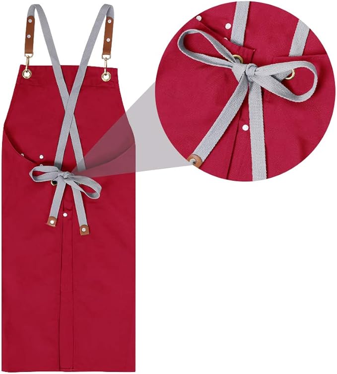 Chef Apron,Cross Back Apron for Men Women with Adjustable Straps and Large Pockets,Canvas,M-XXL (Red)