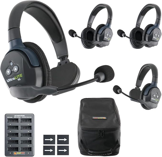 Eartec UL422 Ultralite-HD 4-Person Full Duplex Wireless Intercom Headset Communication System, Single and Dual Ear Headsets, Up to 1000ft Range, U.S. Company