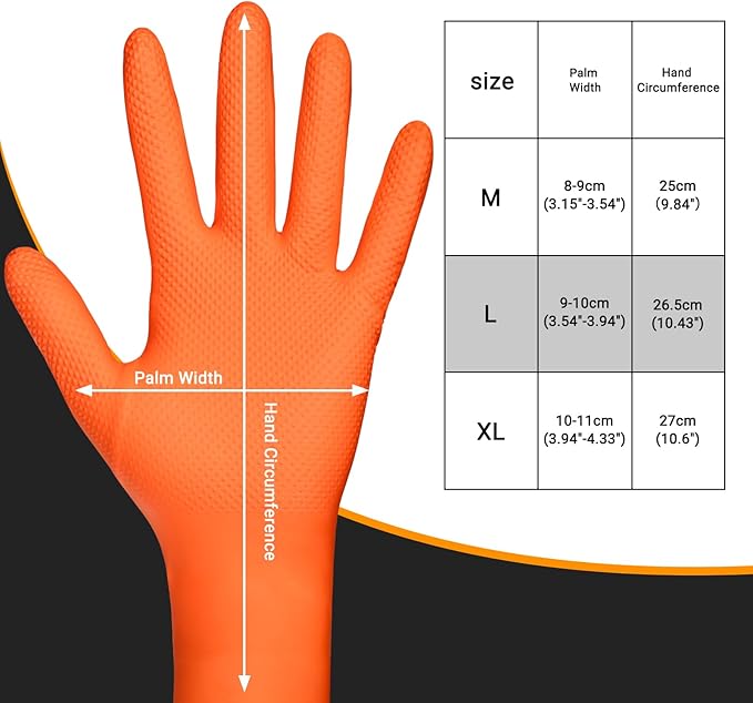 10 Mil Thick Chemical Resistant Orange Nitrile Gloves Large, 100 PCS Disposable Heavy Duty Mens Work Gloves with Grip for Women & Men Cleaning, Cooking, Gardening, Construction