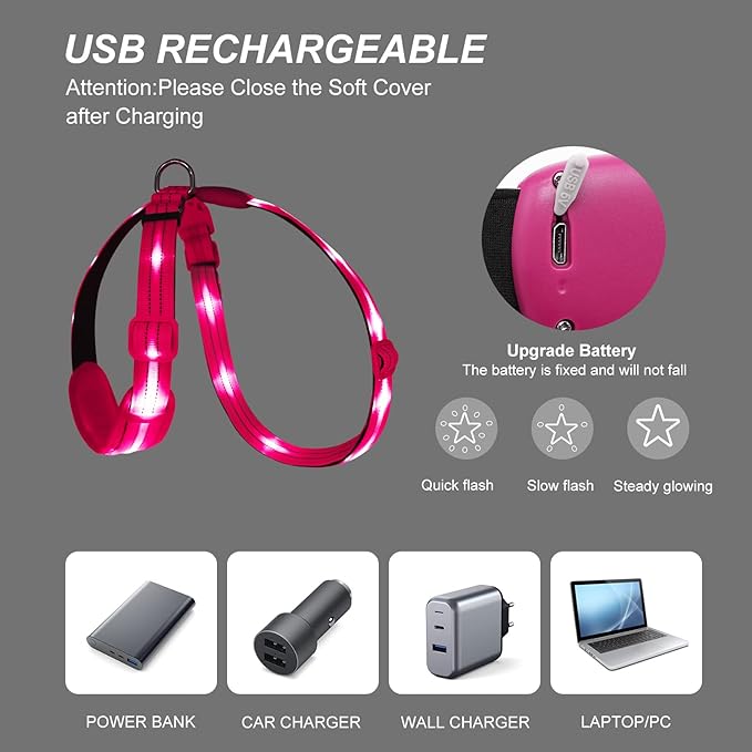 LED Light Up Dog Vest Harness Rechargeable, Soft Padded, Adjustable & Reflective Lighted Dog Harness Waterproof, Glow Dark Dog Light Harness for Camping Night Safety Walking, Pink Extra Large