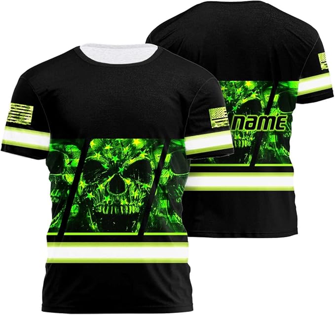 Matedecor Skull High Visibility Shirt Men Reflective Safety Shirts US Flag Custom Name Workwear, Runners, Walkers, Patriotic