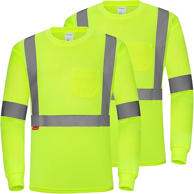 ProtectX High Visibility Shirts Hi Vis Long Sleeve Shirts for Men Women Reflective Class 2 Safety Shirts 2 Pack