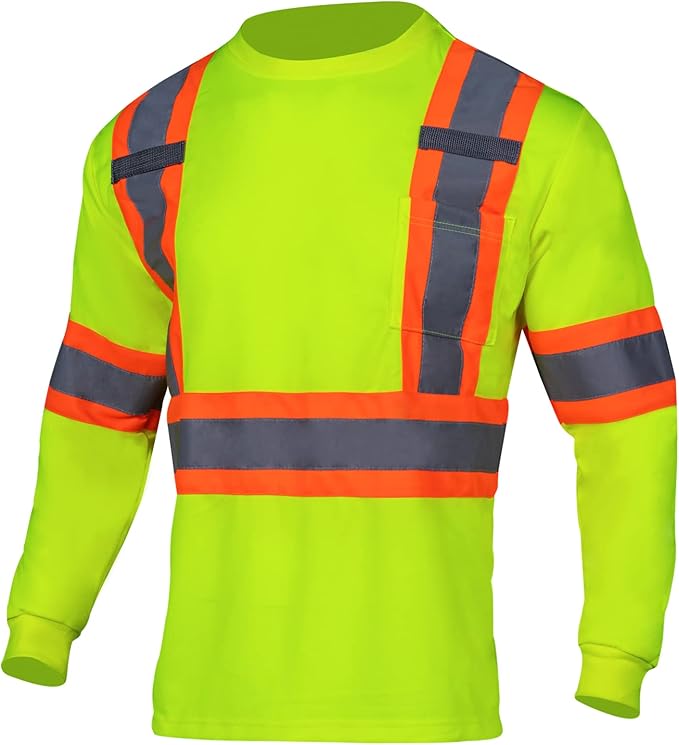 VENDACE Men's High Vis Safety Work T Shirt ANSI Class 3 Reflective Long Sleeve Shirt with Pocket(Yellow,L)