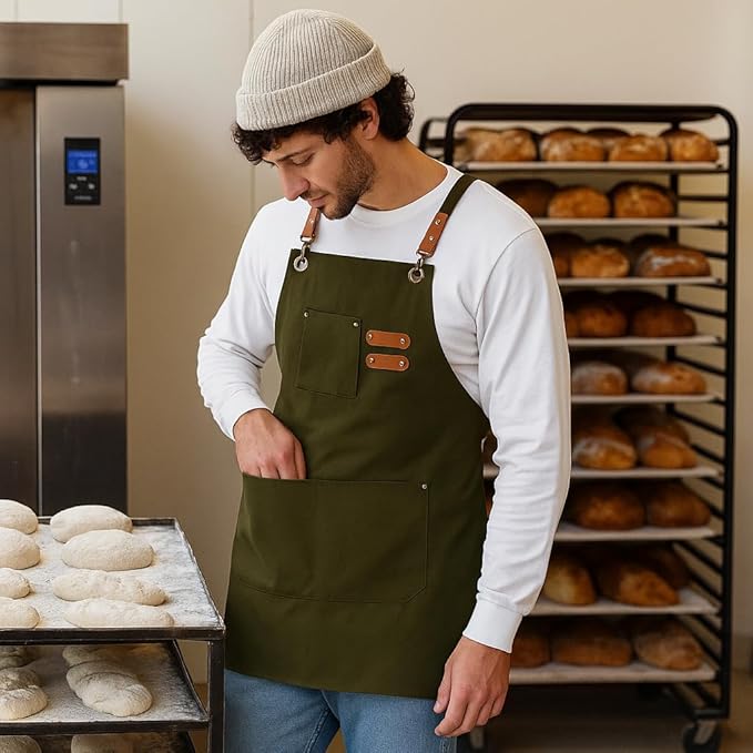 Chef Aprons for Men Canvas Apron with Large Pockets and Adjustable Neck Strap for Cooking, BBQ, Gardening