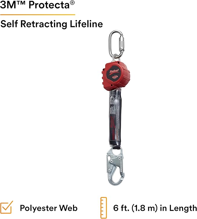 3M Protecta 3100403 Self Retracting Lifeline Rebel 6' (18M) Web, Steel Snap Hook and Carabiner, Black/Red
