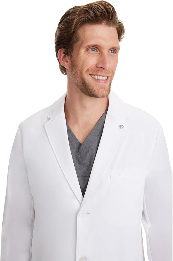 Healing Hands Logan Men’s White Lab Coat with 5 Pockets, Knit Details & Side Slits Back length 34½" 360° Stretch 5100