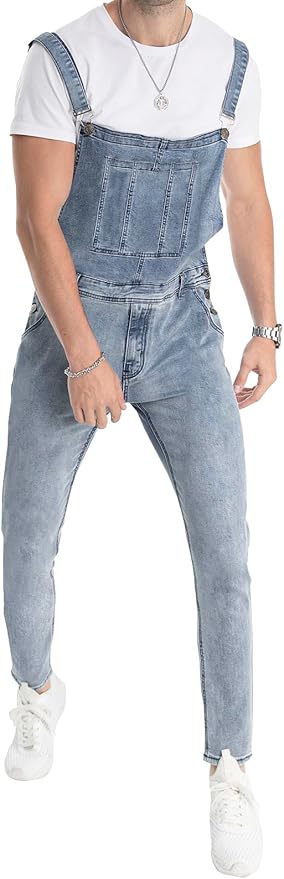 LONGBIDA Men's Denim Bib Overalls Fashion Slim Fit Jumpsuit with Pockets