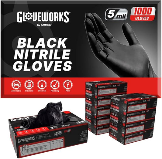 GLOVEWORKS Black Nitrile Gloves, Disposable, Latex Free, 5 Mil