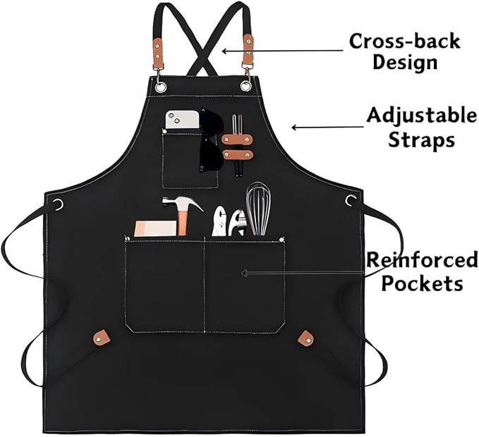 EUDOLAH Chef Aprons for Women Men with Large Pockets Cooking Aprons Canvas Cross Back Water Repellent Work Apron