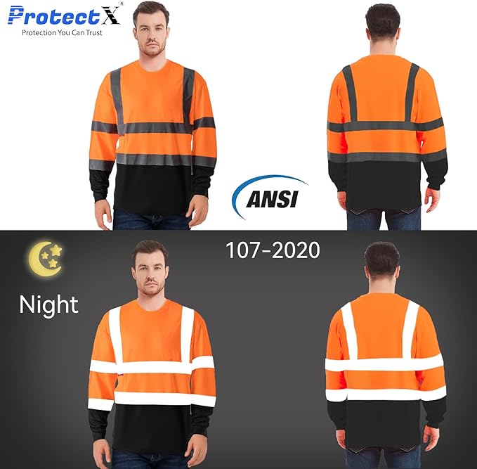 ProtectX Men's High Visibility Heavy Duty Long Sleeve Reflective Safety T-Shirts for Construction, Class 2-3 Type R