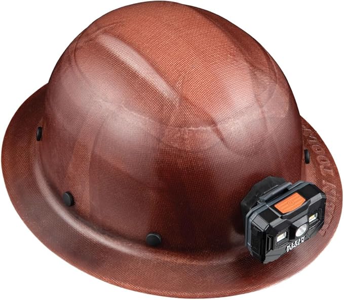 Klein Tools 60447 Hard Hat, Full Brim Class G KONSTRUCT Series Hard Hat with Rechargeable Headlamp, Sweat-Wicking Sweatband, Top Pad, Brown