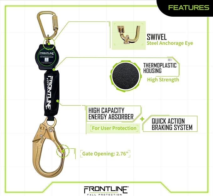 Frontline RPA12R 12' Aramid Web Single Leg SRL with Steel Rebar Hook | Lightweight, Durable & Compact | 310 lbs Capacity | Aramid Fiber Webbing | ANSI & OSHA Compliant | ISO Lab Tested (3 Pack)