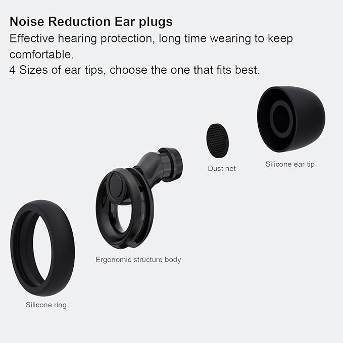 Plus Ear Plugs Noise Cancelling 2 Sets, Soft Silicone Ear Plugs for Sleeping, Noise Sensitivity, Reusable Concerts Ear Plugs Hearing Protection 30dB - 8 Pairs Ear Tips in XS/S/M/L - Black