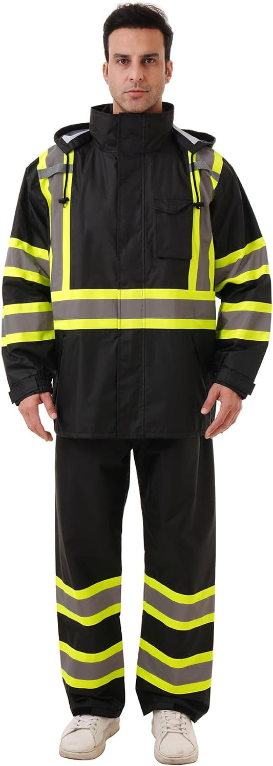 Hi Vis Safety rain Jacket，Reflective Class 3 Rain coat with Inner Mesh Lining and Pockets High Visibility Waterproof work Rain Suits for men&women（Black,LG/XL）