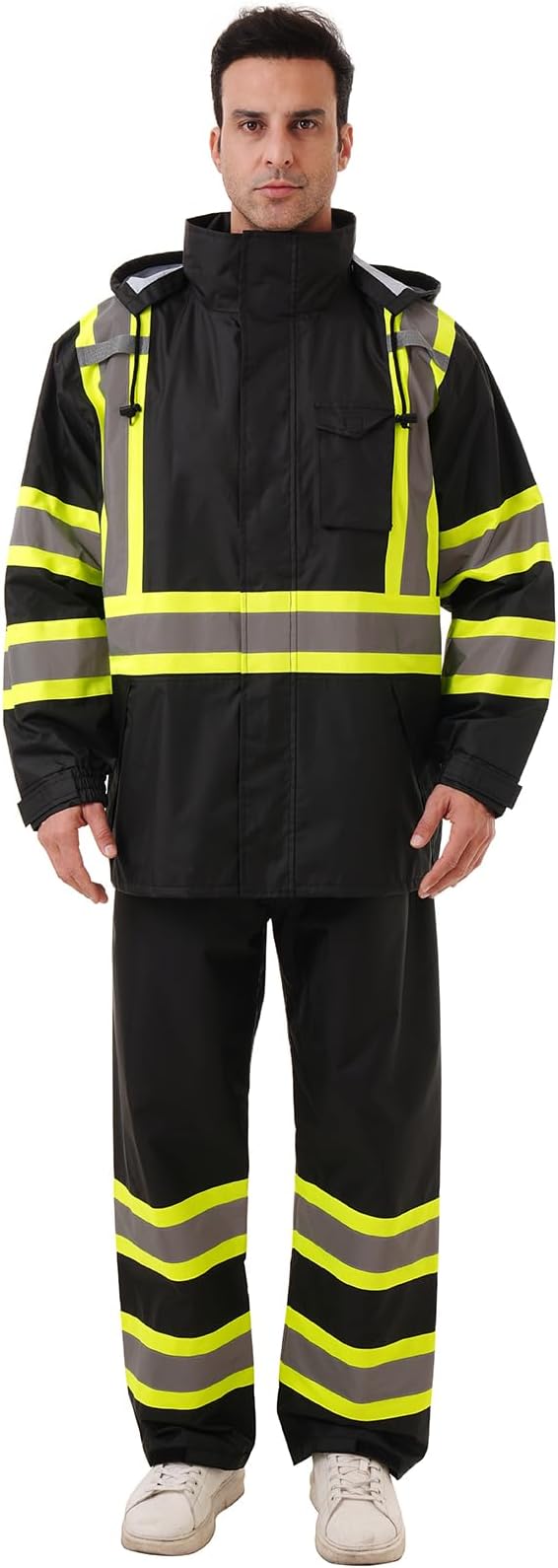 Hi Vis Safety rain Jacket，Reflective Class 3 Rain coat with Inner Mesh Lining and Pockets High Visibility Waterproof work Rain Suits for men&women（Black,4XL/5XL）
