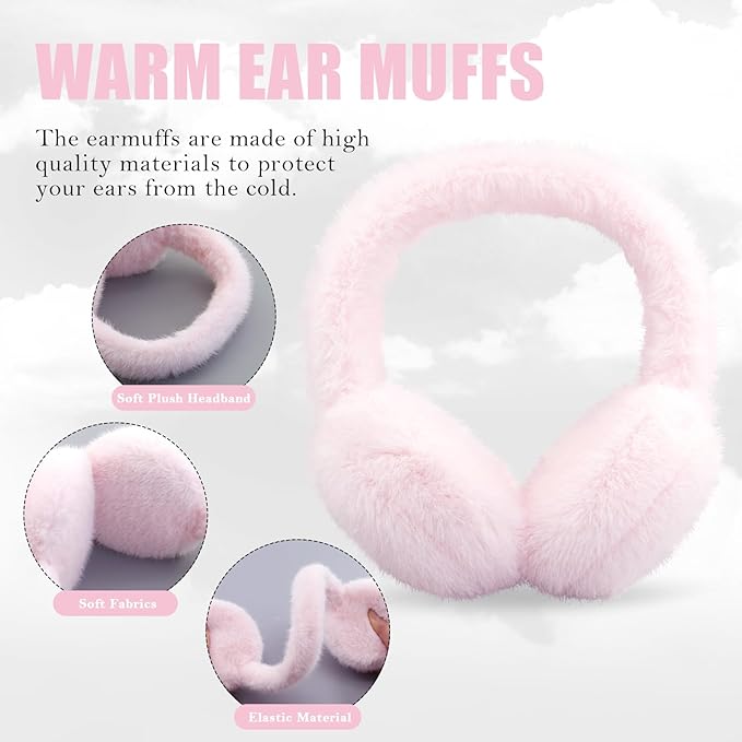Winter Ear Muffs for Women Girls Faux Fur Cute White Earmuffs Fluffy Ear Warmers Foldable Ear Covers Outdoor
