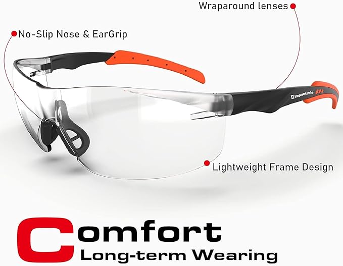 Pickleball Safety Glasses – Fit-Enhanced ANSI Z87.1, Anti-Fog, UV & Impact Resistant Eyewear for Sports, Work & Shooting – No-Slip Grip, Black and Orange, 1 Pack