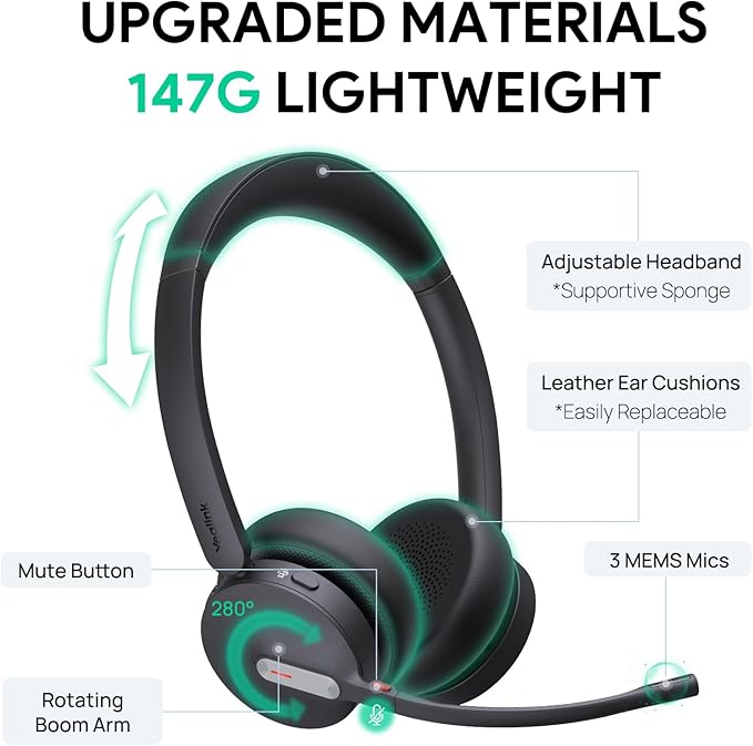 Yealink BH70 Dual Wireless Bluetooth Headset with Mic for Work, Teams Certified, up to 35h Talk Time, 147g All-Day Wearing Comfort, USB-C/A