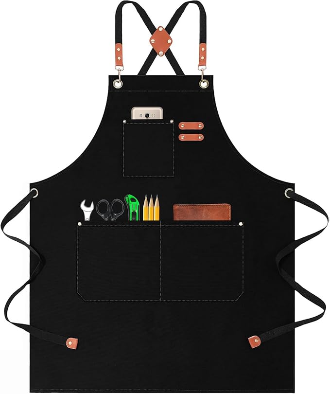Chef Aprons for Women Men with Large Pockets, Polyester cotton hick canvas Waterproof Work Aprons,Adjustable Straps