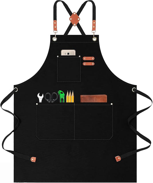Chef Aprons for Women Men with Large Pockets, Polyester cotton hick canvas Waterproof Work Aprons,Adjustable Straps