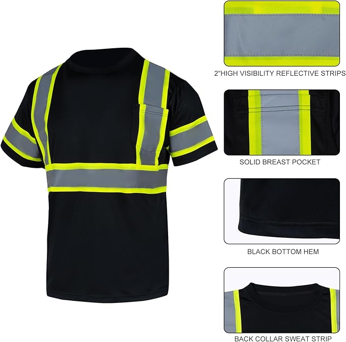 VENDACE Men's High Vis Class 2 Safety T Shirt ANSI Reflective Work Short Sleeve Shirt with Black Bottom(Black,2XL)