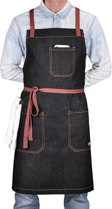 Denim Chef Apron with Pockets, Mens Womens Professional Kitchen Bib Black Apron for Cooking Grill BBQ Server, with Cross Back Straps and Towel Loop
