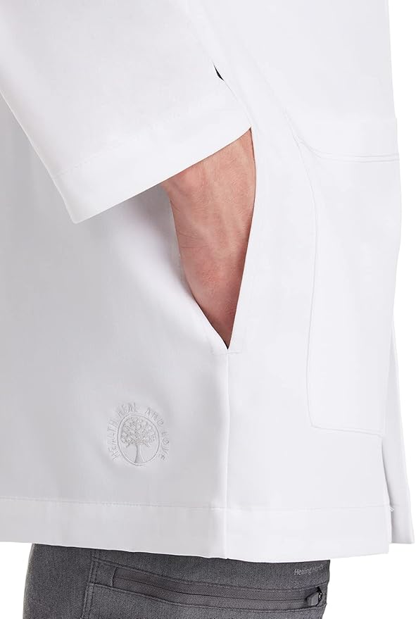 Healing Hands Logan Men’s White Lab Coat with 5 Pockets, Knit Details & Side Slits Back length 34½" 360° Stretch 5100