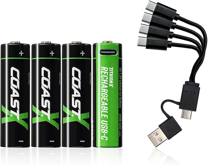Coast AA USB-C Rechargeable Batteries, ZITHION-X, Lithium Ion 1.5v 2400 mAh, Long Lasting, Charges Under 2.5 Hours, Charging Cable Included, 4-Battery Pack