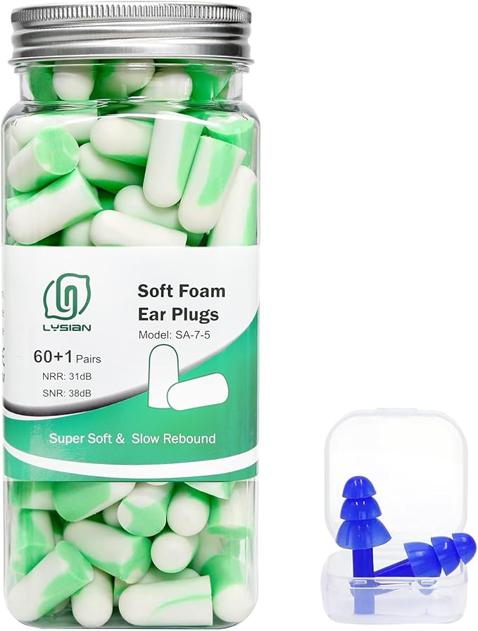 LYSIAN Ultra Soft Foam Earplugs for Sleep 60 Pairs, 38dB SNR Ear Plugs for Sleeping Noise Cancelling, Mowing and Snoring,Double Color Green/White