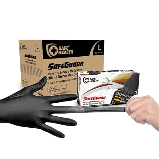 Safe Health HD Industrial Nitrile Black Disposable Gloves, Heavy Duty, 5 Mil, Case of 1000, Large, Latex Free, Powder Free, Oil Grease Resistant, Automotive, Mechanic, Maintenance