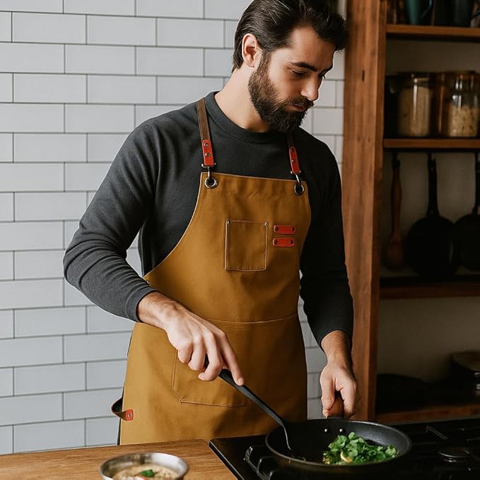 Chef Aprons for Men Canvas Apron with Large Pockets and Adjustable Neck Strap for Cooking, BBQ, Gardening