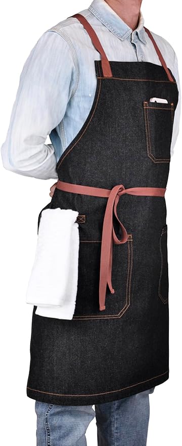 Denim Chef Apron with Pockets, Mens Womens Professional Kitchen Bib Black Apron for Cooking Grill BBQ Server, with Cross Back Straps and Towel Loop