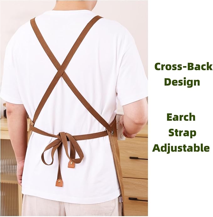Chef Apron Medium-Thick Cotton Canvas,Cross Back with Multiple Pockets Adjustable Work Apron for Men and Women (Darkred)