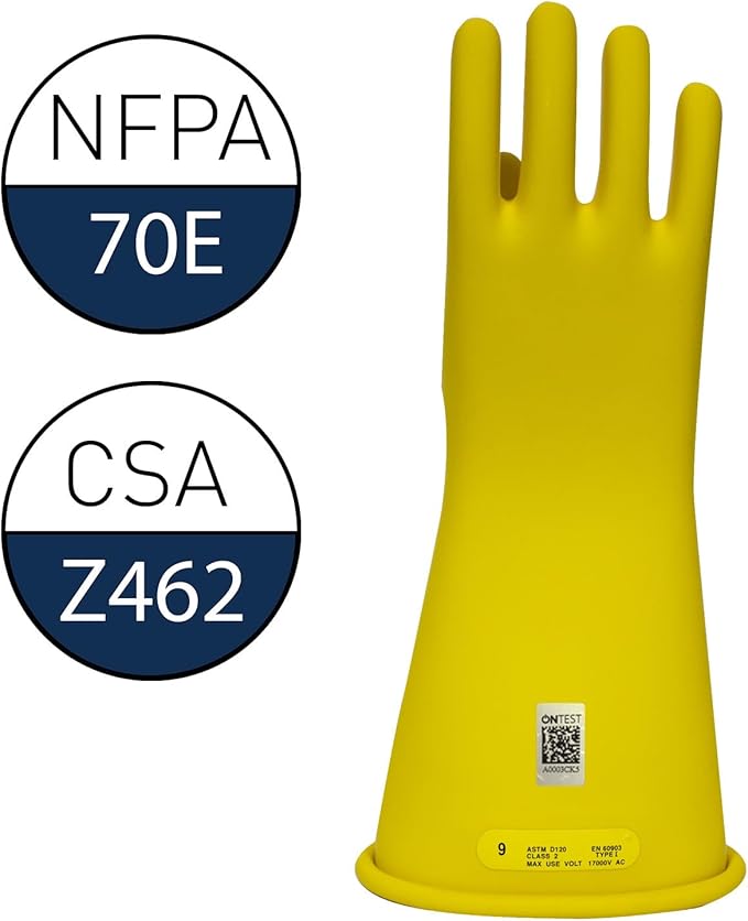 Enespro Class 2 Yellow Rubber Voltage Insulating Gloves, Max. Use Voltage 17000V AC/25500V DC, GC2Y11