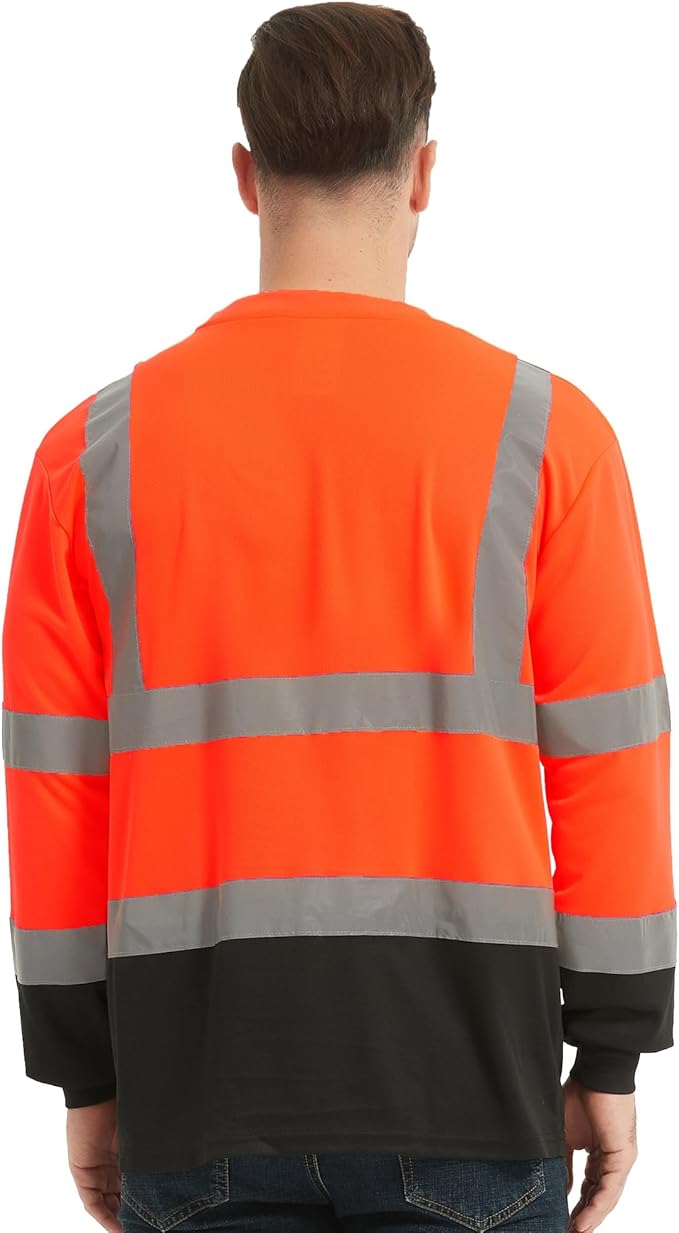 ProtectX Men's High Visibility Heavy Duty Long Sleeve Reflective Safety T-Shirts for Construction, Class 2-3 Type R