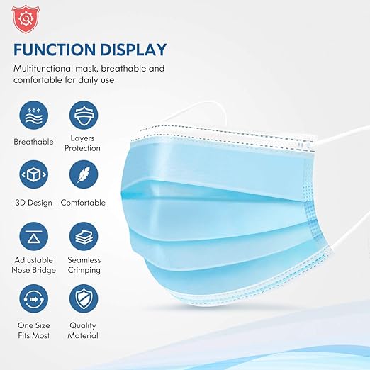 HDFK Face Mask Disposable Adults 3Ply Non-Woven with Nose Clip Ear Loop Blue 50Pack