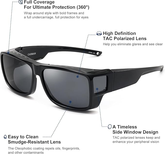 CAXMAN Fit Over Glasses Sunglasses Polarized Wrap Around Sunglasses with Side Window Shields for Full Protection