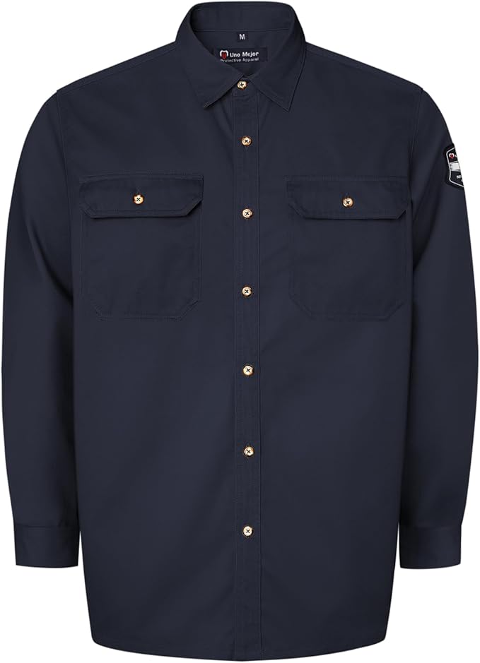 Welding Shirt 7.5oz FR Shirts for Men, 100% C Flame Resistant Welding Jacket with Reinforced Sewing, Durable Men's Fire Retardant FR Clothing for Men, Meets NFPA2112, Navy-ZRND 4XL