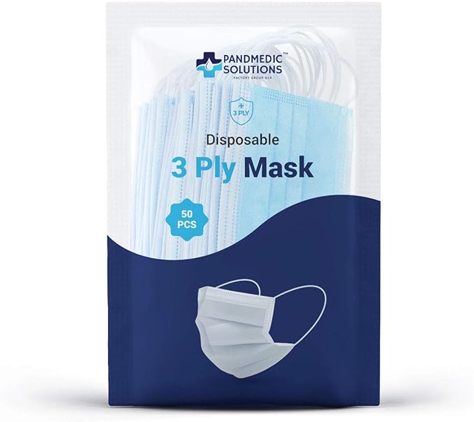 PandMedic Disposable Face Mask MADE in USA | Premium Medical American 3 Ply Safety Face Masks Breathable With Elastic Ear Loops - 50ct Resealable Bag