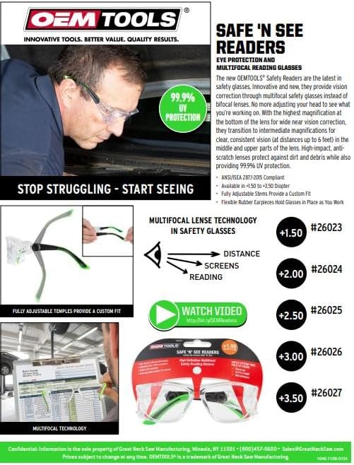 OEMTOOLS 26026 Safety Glasses with Readers +3.00s, UV Protection Z87 Safety Glasses, Anti-Scratch, High Definition Multi-focal Technology, High Impact Lenses, Flexible Rubber Earpieces