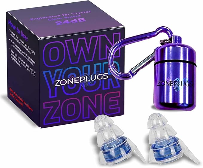 High Fidelity Earplugs- 2 Pairs Reusable Noise Reduction Hearing Protection Ear-Plugs with Carrying Case for Concerts, Festivals, Raves, Musicians, Live Music, Sporting Events - Blue