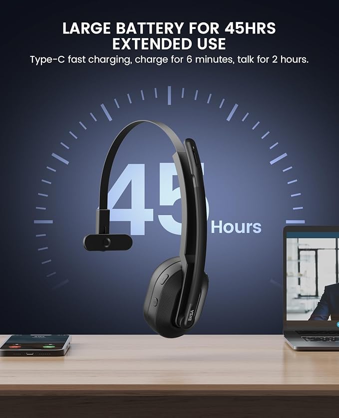 EKSA H5SE Bluetooth Headset, Wireless Headset with Microphone ENC Noise Cancellation [45hrs Playtime & 33ft Range], Wireless Business Headphones for Office/HomeOffice/Remote Work/Call Center