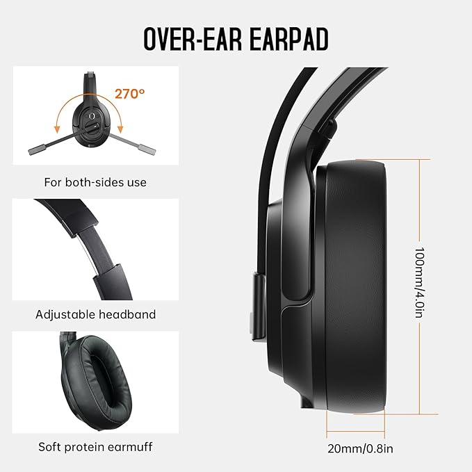 EKSA Bluetooth Trucker Headset, Wireless Headset with Environmental Noise Cancelling Microphone & USB Dongle, 99ft Long Range, Volume Control, Single Ear Trucker Headphone, Works with PC/Mac/Phone