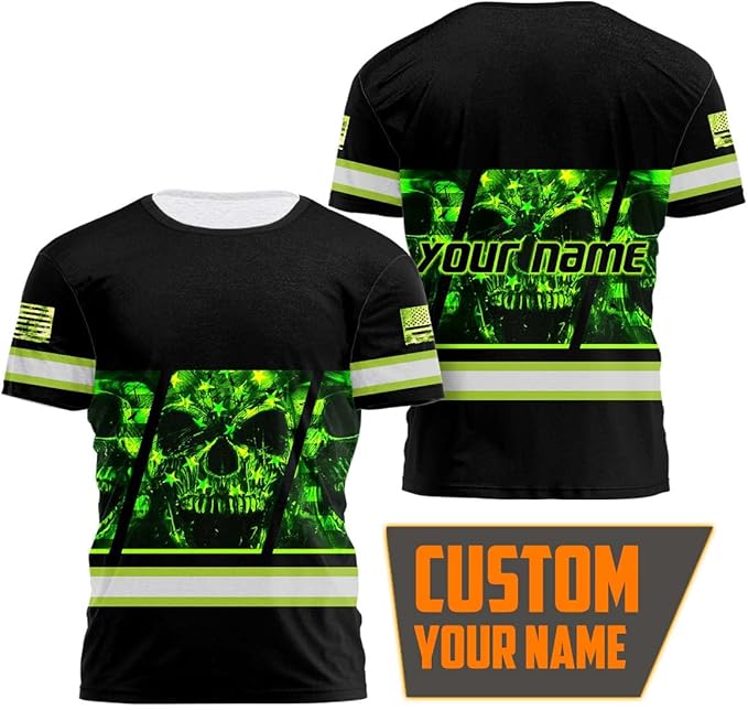 Matedecor Skull High Visibility Shirt Men Reflective Safety Shirts US Flag Custom Name Workwear, Runners, Walkers, Patriotic