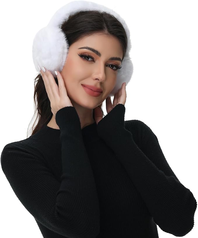 Winter Ear Muffs for Women Girls Faux Fur Cute White Earmuffs Fluffy Ear Warmers Foldable Ear Covers Outdoor