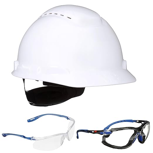 3M Hard Hat SecureFit H-701SFV-UV, White, Vented Cap Style Safety Helmet with Uvicator Sensor + 3M Safety Glasses 2-Pack, Anti-Fog, Anti-Scratch, Clear Lens, ANSI Z87, Corded Ear Plug Control System