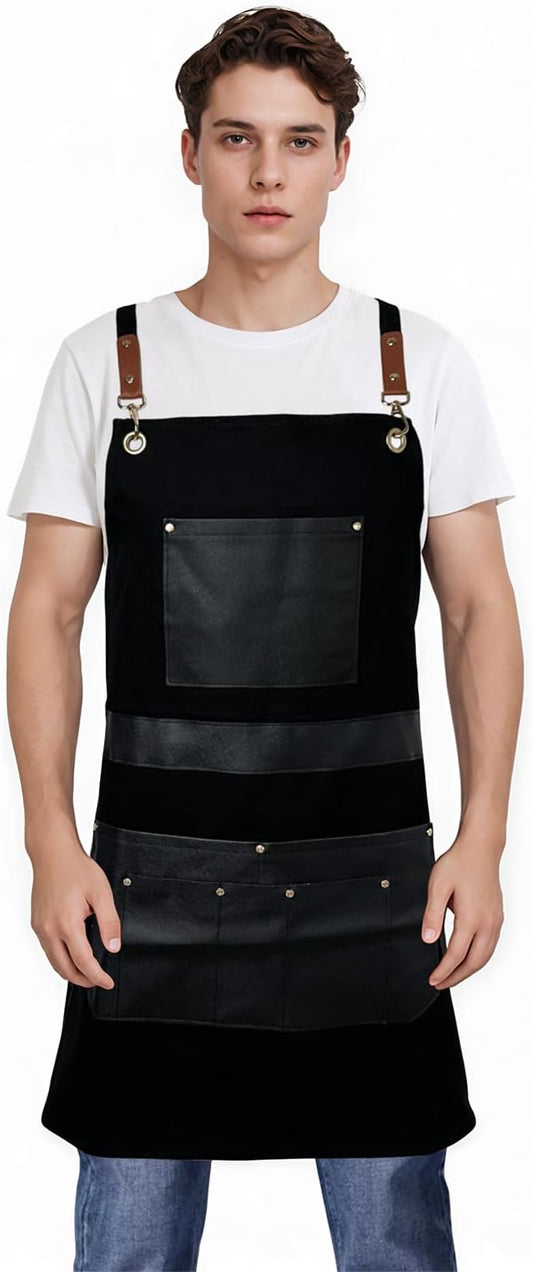 Barber Hair Stylists Working Apron Waterproof Canvas Chef Kitchen Apron with 6 Pockets