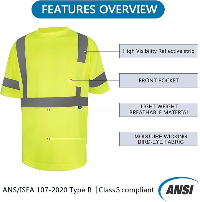 Safety Shirt short Sleeve High Visibility Reflective Breathable T Shirt for Work Warehouse Construction Class 3